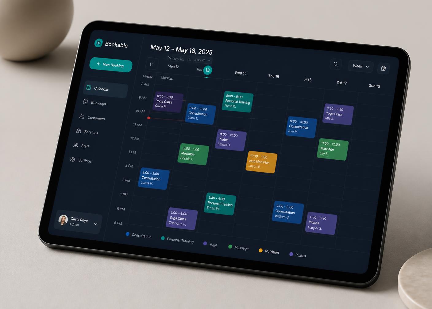 Vista de calendario inteligente de Agentix con reservas organizadas por día de la semana
